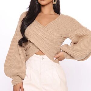 Fashion Nova Keep It Chic Off the Shoulder V Neck Tan Beige Top Crop Sweater S